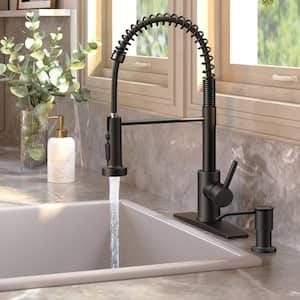 Single-Handle Pull Down Sprayer Kitchen Faucet Coil Spring Gooseneck with Soap Dispenser Stainless Steel in Matte Black