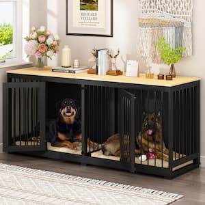 Large Dog Crate Furniture for 2-Dogs, 71 in. Heavy-Duty Wooden Dog Kennel with Divider for Large Medium Dogs, Black