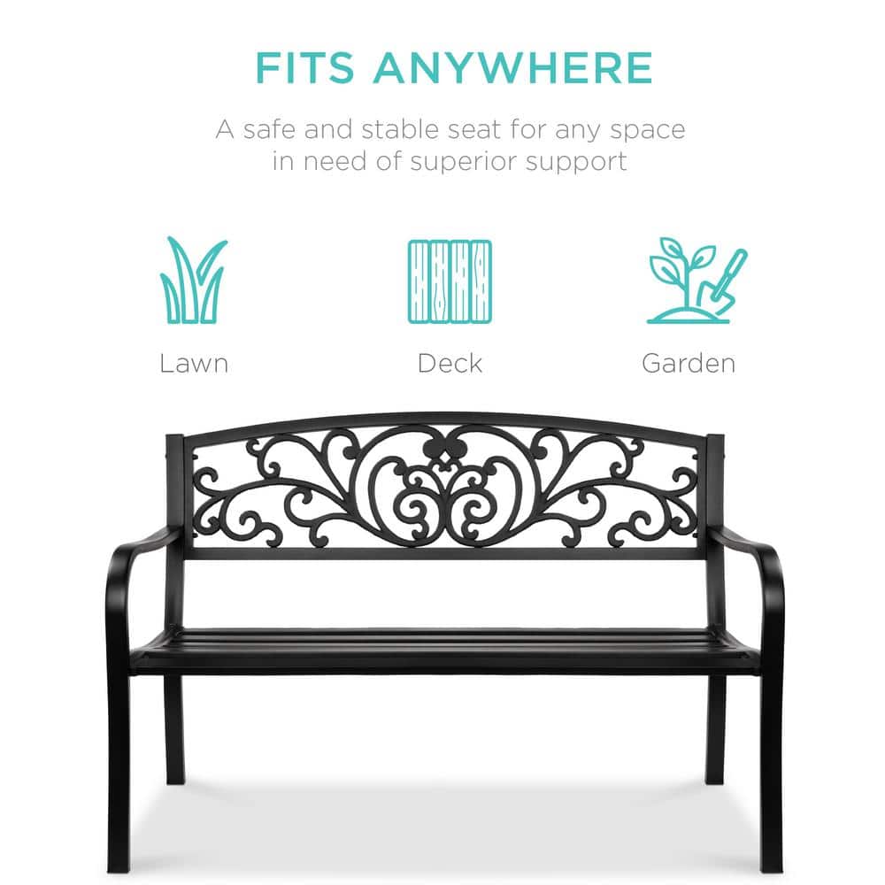 Black Steel Outdoor Bench with Floral Backrest, 52"
