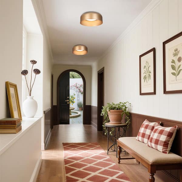 Mid-Century Modern 14 in. 1-Light Dark Gold Flush Mount Light, 24-Watt Integrated LED Dome Ceiling Light for Hallways