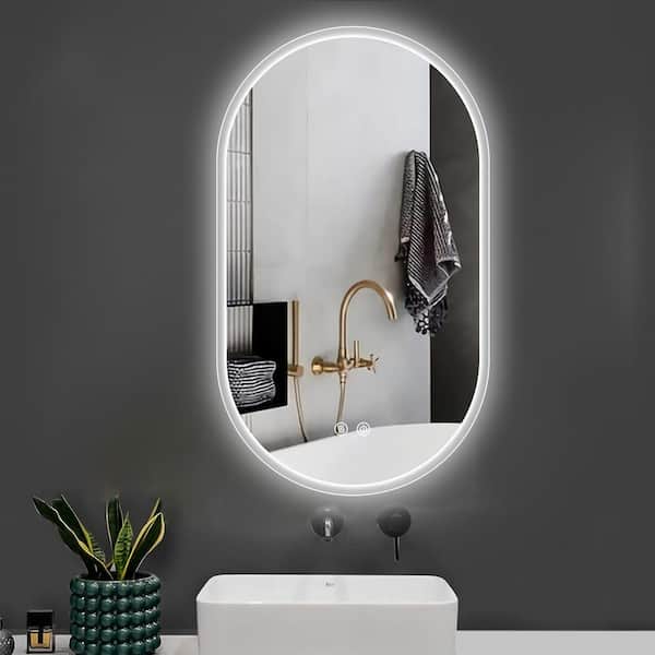 Cesicia 20 in. W x 32 in. H Oval Frameless Wall Mount Bathroom Vanity Mirror in Silver with LED Light Anti-Fog Vertical Hanging