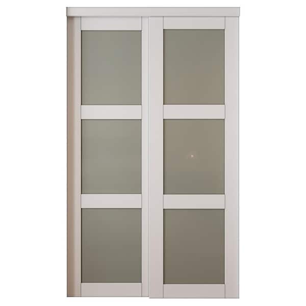 ARK DESIGN 48 in. x 78.58 in. Glass White 3-Lites Frosted Primed MDF Sliding Door with Hardware Kit