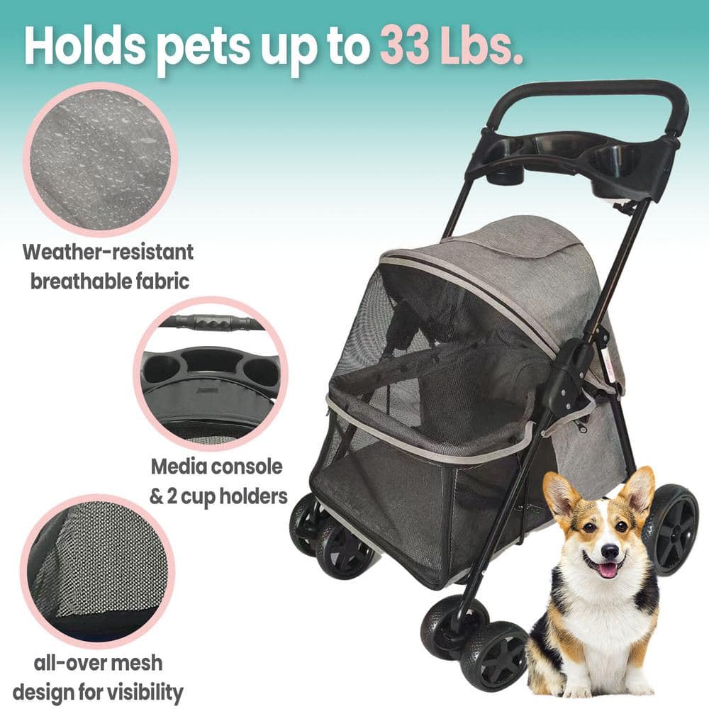 Foldable Gray Pet Stroller with Breathable Mesh for Small to Medium Dogs