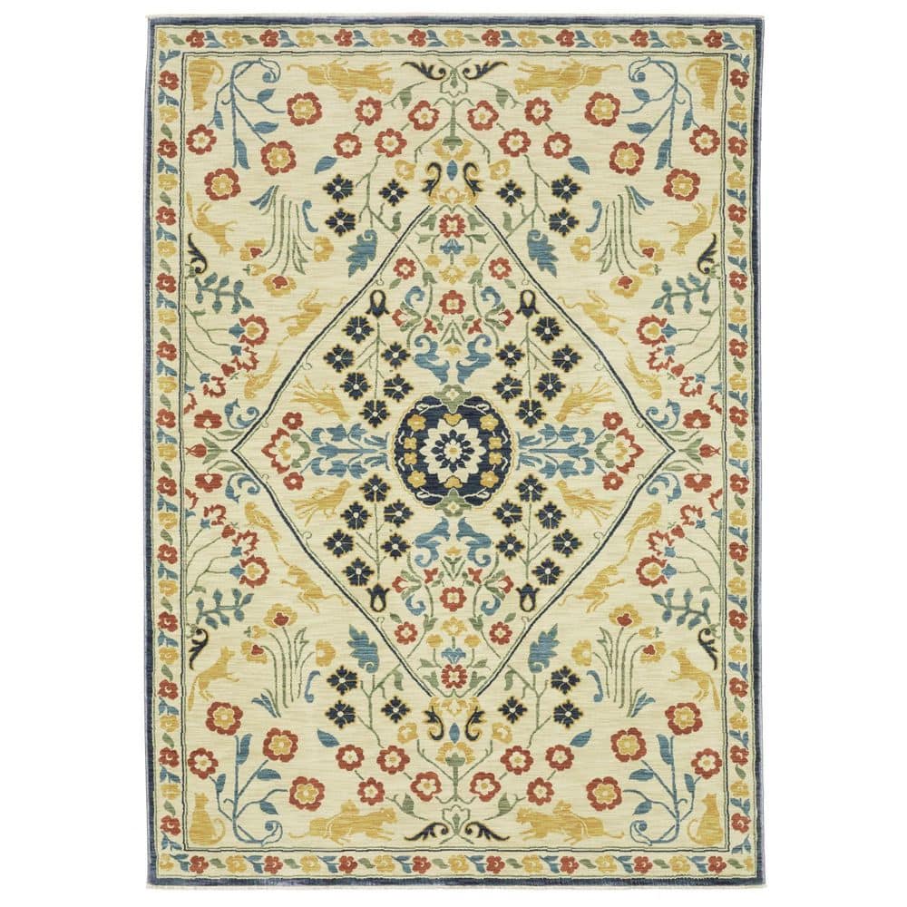 HomeRoots 5 ft. Round Ivory Floral Washable Runner Rug 2000574597 - The ...