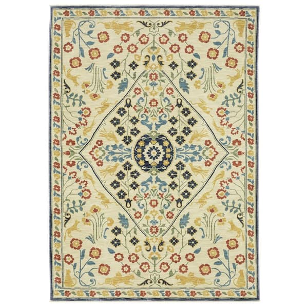 5' Round Ivory Floral Washable Area Rugs Runner Rug