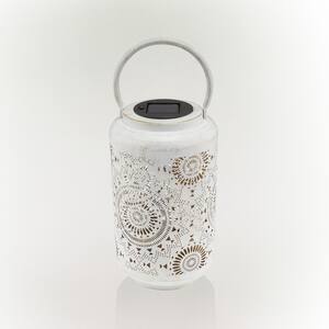 10 in. H Outdoor Solar-Powered Lace Cutout Metal Lantern with and Rotating Multicolor LED Lights, Antique White