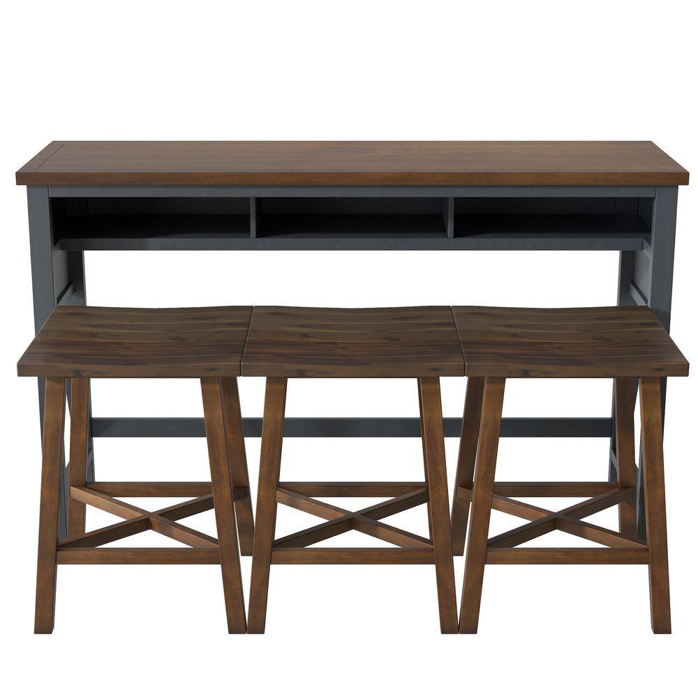 Walnut 4-Piece Solid Wood Dining Table Set with 3 Stools