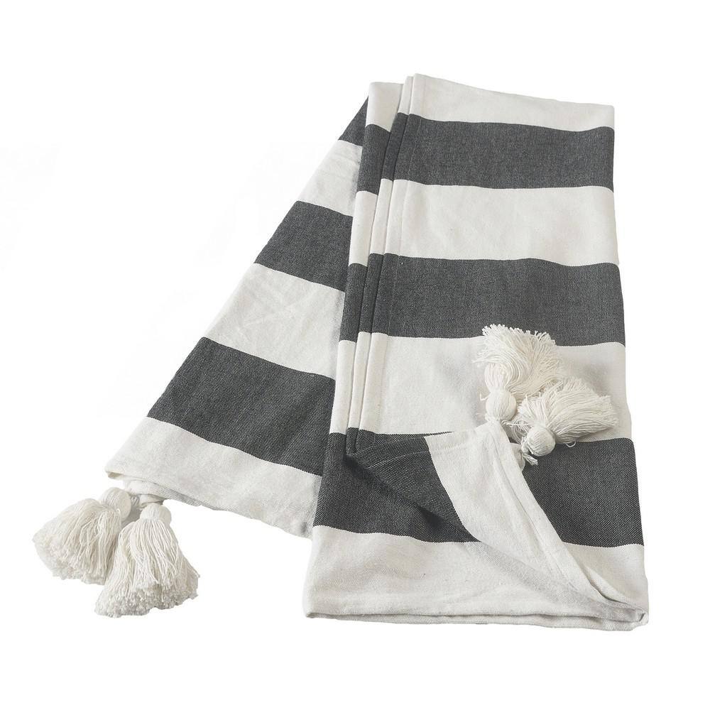 Charcoal and Ivory Striped Cotton Tasseled Throw Blanket