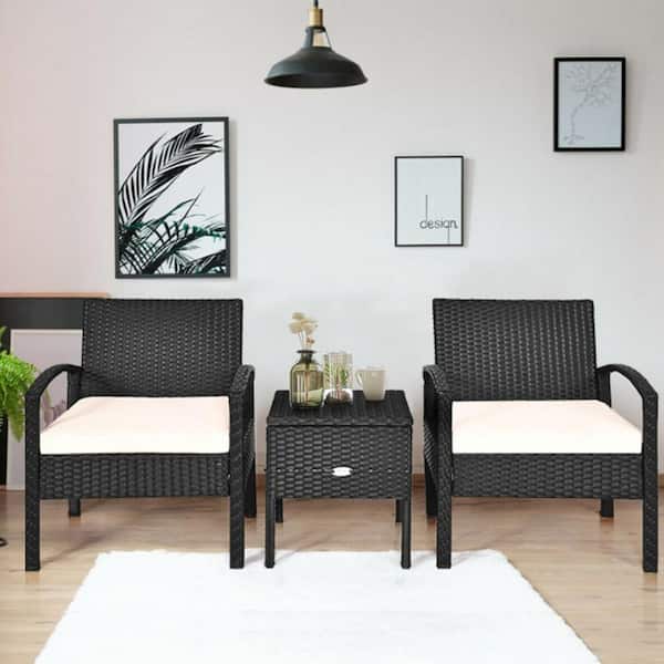 3-Piece PE Metal Rattan Patio Conversation Sofa Set with Removable Cushion in Off White