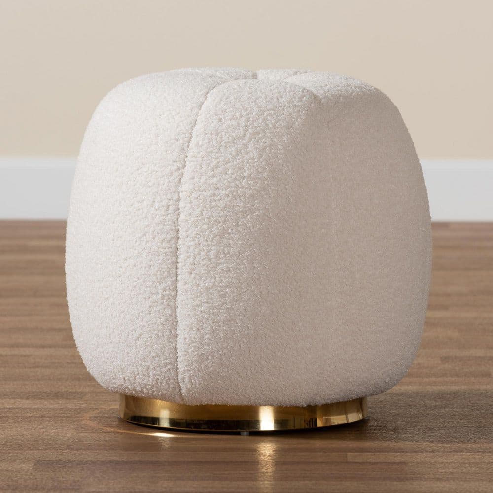 Ivory Boucle Upholstered Round Ottoman with Gold Metal Base