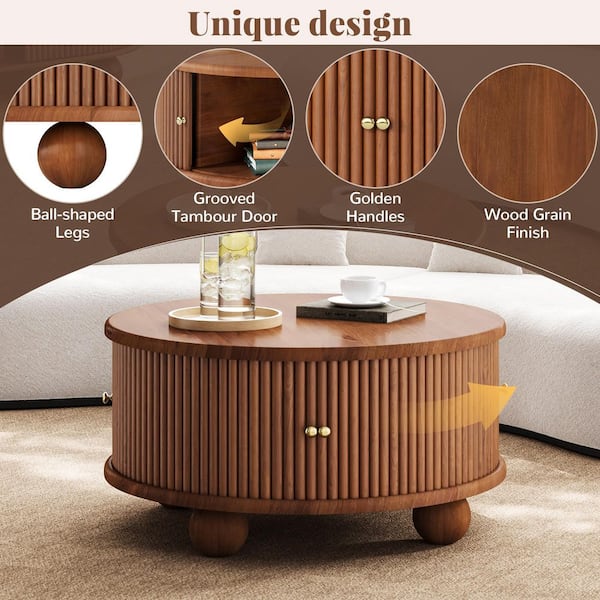 Polibi 31.8 in. Walnut Round Pine Wood Coffee Table with Storage
