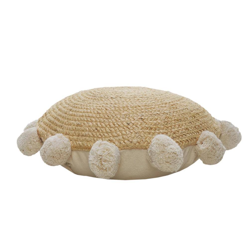 Round Natural Jute Throw Pillow with Pom Pom Border