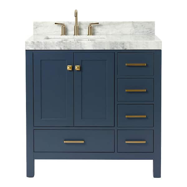Cambridge 36 in. Single Sink Freestanding Bathroom Vanity in Midnight Blue with Carrara White Marble Top
