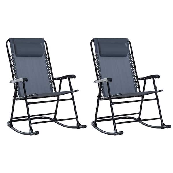 ToolCat Oversized Metal Folding Outdoor Rocking Chair, Outdoor Camping Rockers with Headrests, Gray (Set of 2)