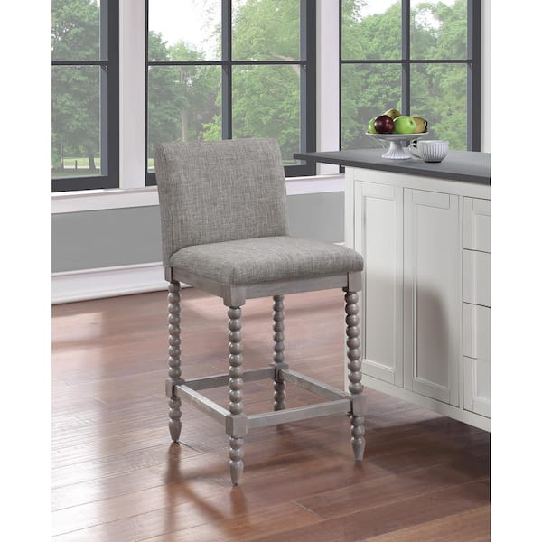 Abbott 39 in. Brushed Grey Wood Frame Spindle Counter Bar Stool with Dove Grey Fabric Seat