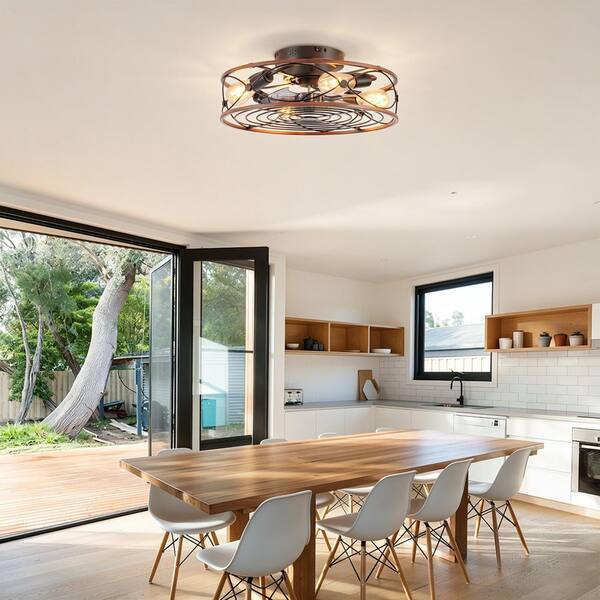 BeamBox 20 in Matte Black and Wood Caged Flush Mount Standard