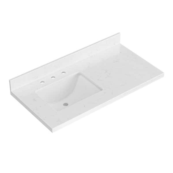 ARIEL 42 in. W x 22 in. D in Carrara White Quartz with 1.5 in Thick Milter Edge with Rectangle Single Sink Vanity Top in White