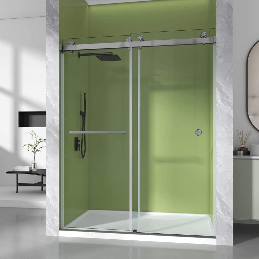 56-61 in. W x 79 in. H Double Sliding Frameless Shower Door in Gungray 3/8 in. Clear SGCC Tempered Glass with Towel Bar price history on PriceWatchPro