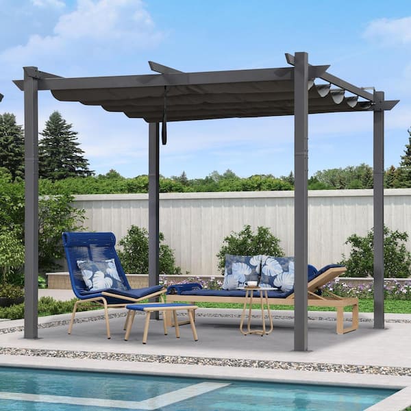 PURPLE LEAF 10 ft. x 10 ft. Gray Aluminum Frame Outdoor Pergola Gazebo with Gray Retractable Sun Shade Canopy and Extra Top Roof