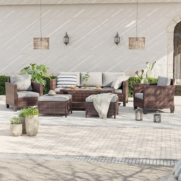 6-Piece Brown Wicker Outdoor Conversation Seating Sofa Set with Coffee Table, Linen Grey Cushions