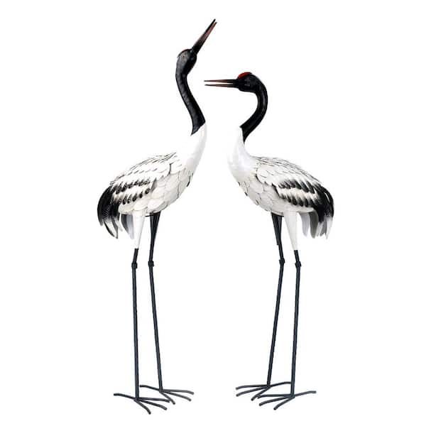 Zaer Ltd. International Set of 2 54 in. Tall Iron Black-Necked White Crane Garden Figurines