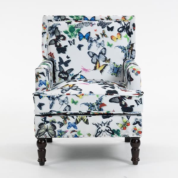 Colorful Mix White Butterfly Linen Fabric Vintage Upholstered Accent Chair, Living Room Arm Chair with Nailhead Trim