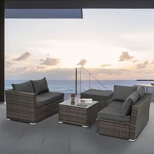 4 Piece Wicker Outdoor Patio Furniture Sectional Sofa with Tempered Glass Coffee Table Dark Grey Cushions