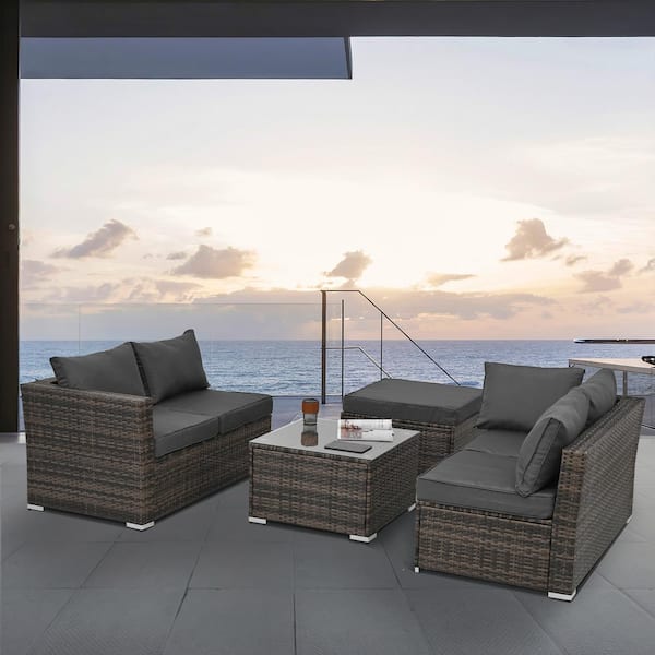 Unbranded 4 Piece Wicker Outdoor Patio Furniture Sectional Sofa with Tempered Glass Coffee Table Dark Grey Cushions