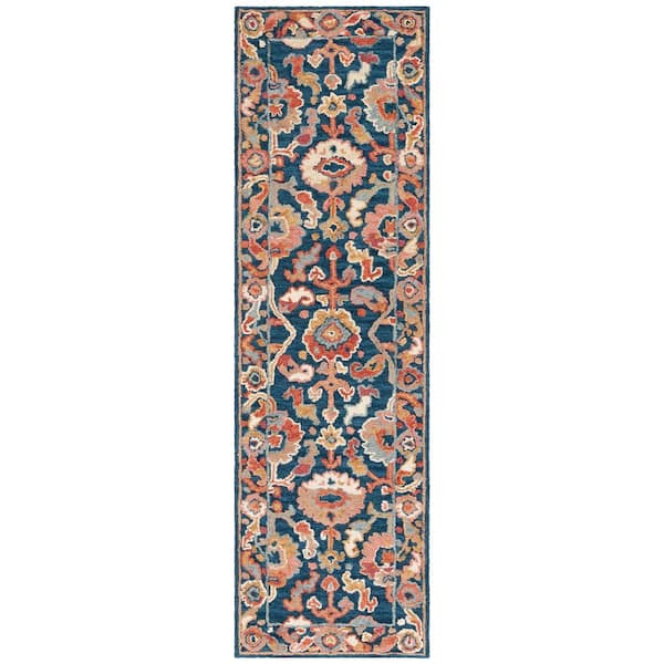 Metro 2 ft. x 7 ft. Navy/Red Ornate Border Abstract Runner Rug
