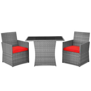 3-Piece Wicker Outdoor Patio Conversation Set Armrest Sofa w ushionGuard Red Cushions