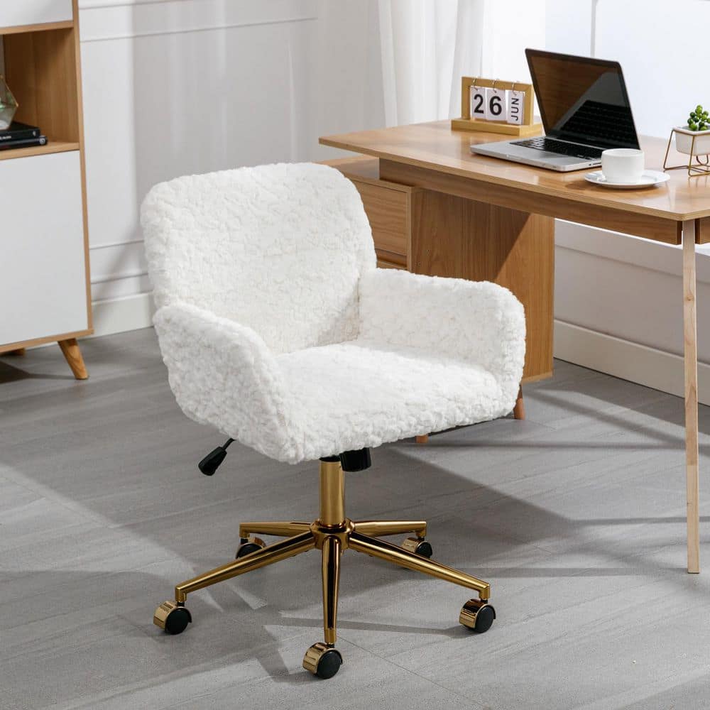 Velvet Faux Rabbit Hair Swivel Vanity Task Chair, Gold Base, Beige