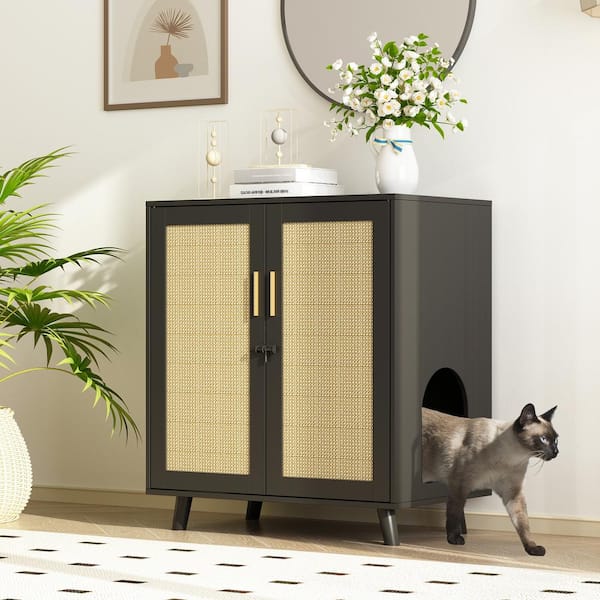 Modern Cat Litter Box Enclosure for Rooms, Black Hidden Litter Box Furniture Cat Washroom Storage with Lock Sisal Door
