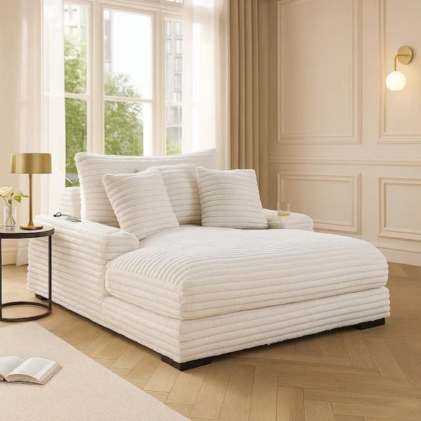 Terra Taupe Corduroy Fabric Chaise Lounger with Cup Holder and USB Ports