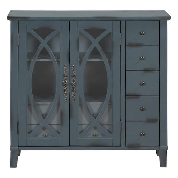 Unbranded Modern Antique Navy Blue Sideboard with Adjustable Shelf and 5 Drawers