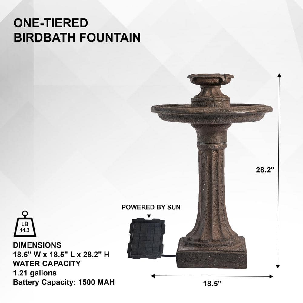 28" Brown Resin Solar Powered Outdoor Birdbath Water Fountain