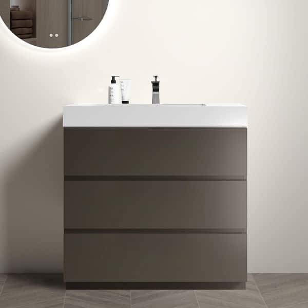 36 in. Single Sink Freestanding Gray Bath Vanity with White Engineered Stone Top (Assembled), Handle-free Design
