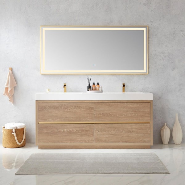 Palencia 72 in. W x 20 in. D x 33.9 in. H Double Sink Bath Vanity in N. American Oak with White Composite Top and Mirror