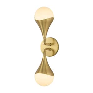 Dropwater 18.3 in. W 2-Light Aged Brass Gold with Glossy Glass Vanity Light Wall Sconce