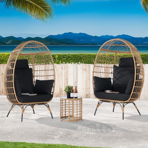 BFB 3-Piece Wicker Round Side Table Outdoor Bistro Set Wicker Egg Chair with BlackCushion