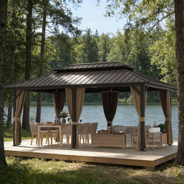 12 ft. x 18 ft. Aluminum Hardtop Gazebo with Double Galvanized Steel Roof, Netting and Curtains for Patio and Backyard
