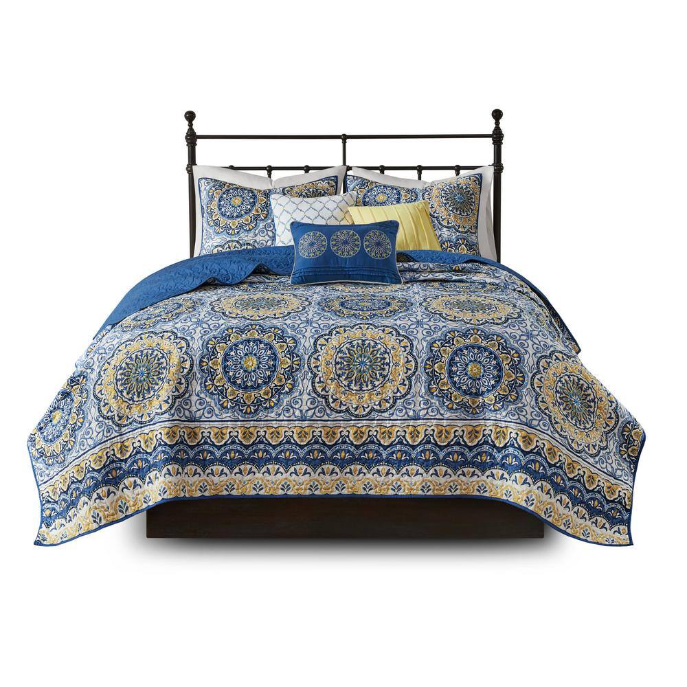 Blue and Yellow Bohemian Reversible Queen Quilt Set