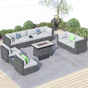 Messi Grey 10-Piece Wicker Outdoor Patio Fire Pit Conversation Sofa Sectional Set with Light Grey Cushions
