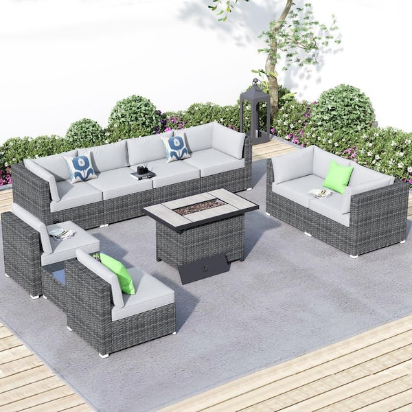 Hooowooo Messi Grey 10 Piece Wicker Outdoor Patio Fire Pit Conversation Sofa Sectional Set With 0189