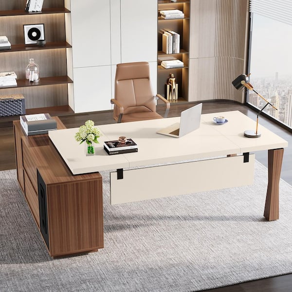 TRIBESIGNS WAY TO ORIGIN Halseey 79 in. L Shaped Cream White and Walnut Wood Executive Desk with Cabinet, Large Computer Desk Home Office Desk