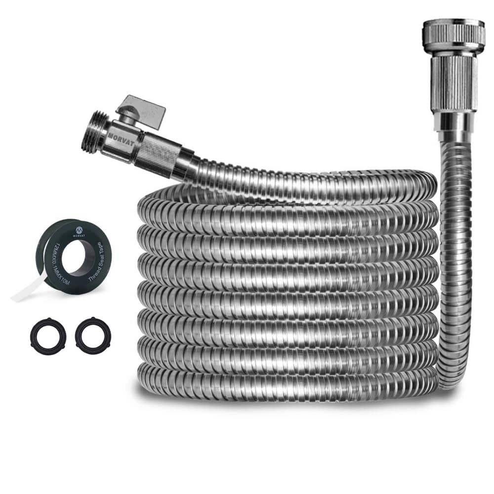 Morvat Heavy Duty 10 Foot Stainless Steel Garden Hose with All Brass Shut-Off Valve, Kink and Tangle Free, Crush and Puncture Resistant, Includes