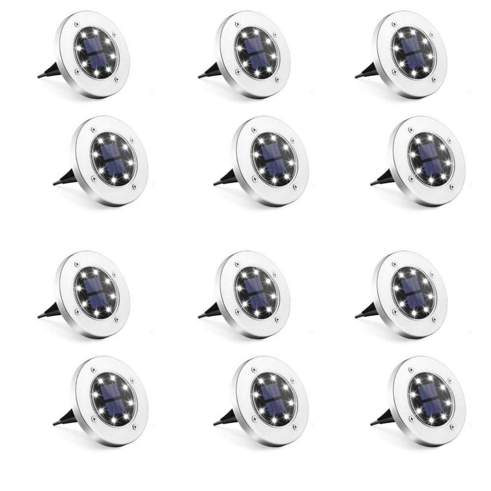 Waterproof 8 LED Solar Powered Cool White Ground Lights for Yard, Deck and Lawn (12-Pack)