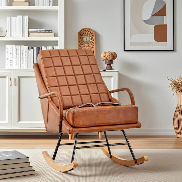 VECELO Brown Rocking Chair Nursery Leather Glider Rocker with High Backrest Upholstered Ergonomic Rocker THD RC04 BRN