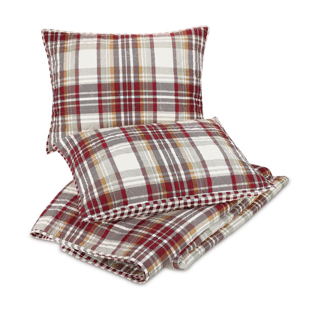 Camden Gray and Red Cotton Plaid Full Quilt Set