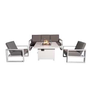 Aluminum Patio Conversation Set with White 41.34 in. Fire Pit Table, Gray Cushion Sofa Set - 2 Armchair+3Seater
