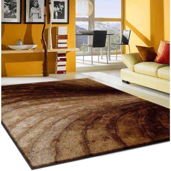 3D Shaggy Brown Swirl 2 ft. x 3 ft. 2-Tone Hand Tufted Polyester Area Rug